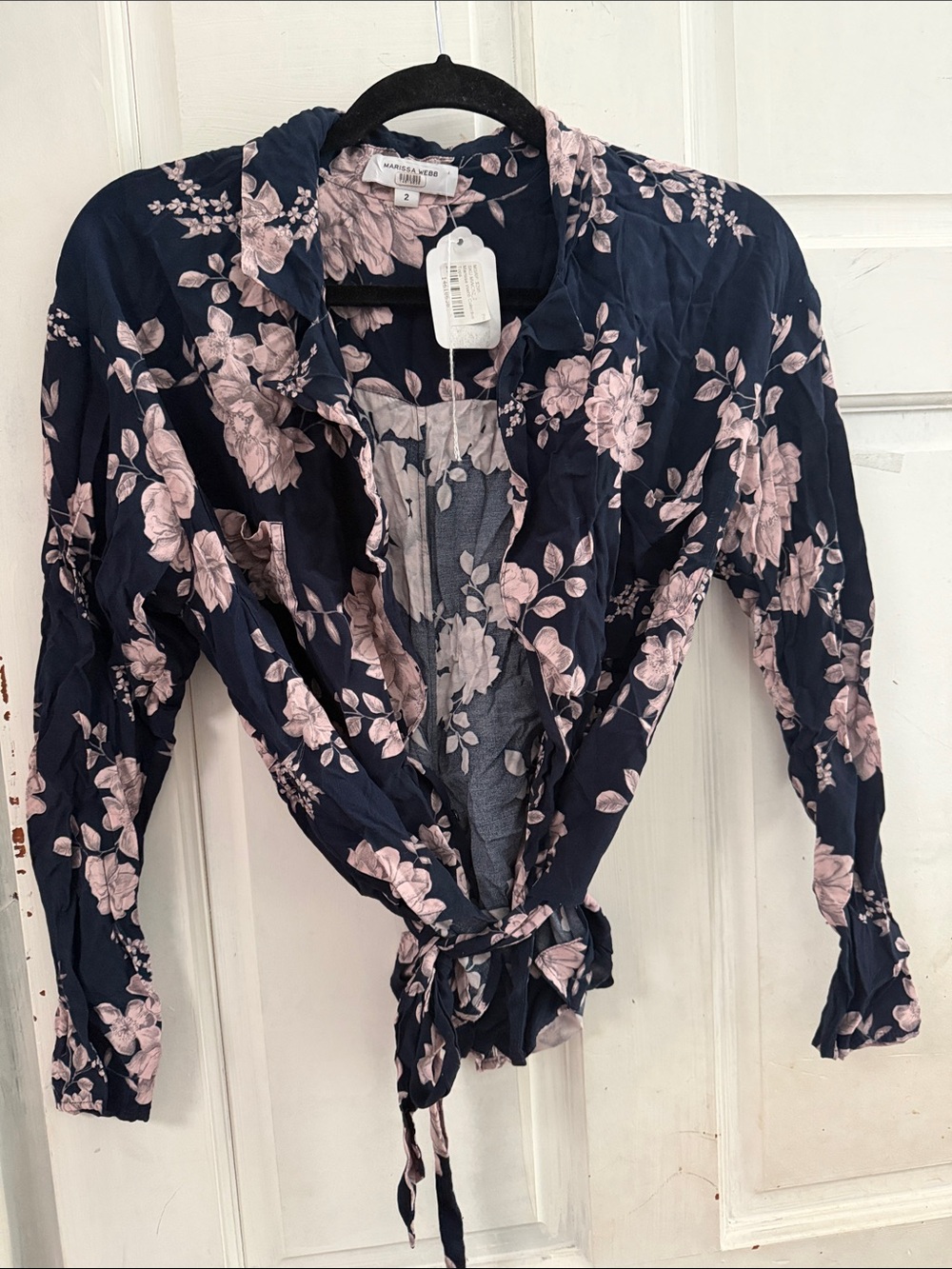 Marissa Webb Navy Floral Wrap Tie-Front Button-Down Shirt- size 2